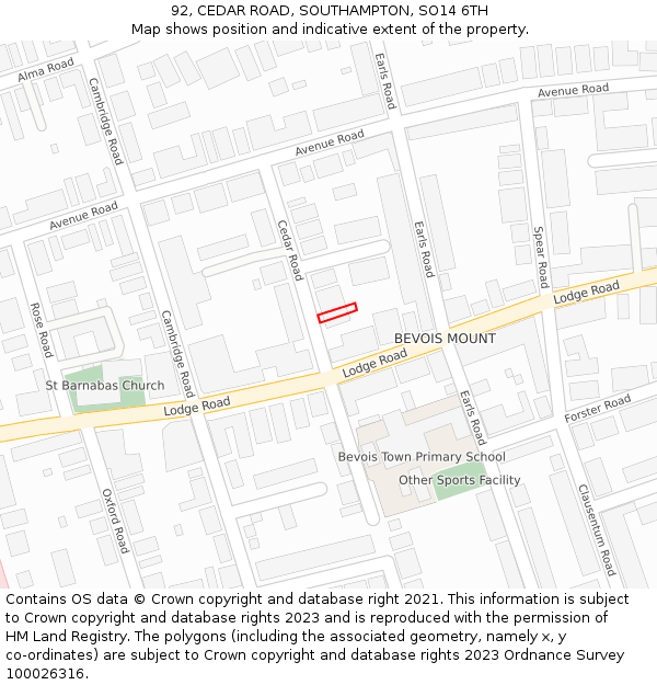 92, CEDAR ROAD, SOUTHAMPTON, SO14 6TH: Location map and indicative extent of plot