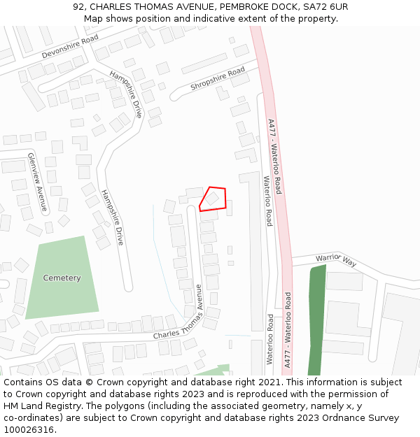 92, CHARLES THOMAS AVENUE, PEMBROKE DOCK, SA72 6UR: Location map and indicative extent of plot