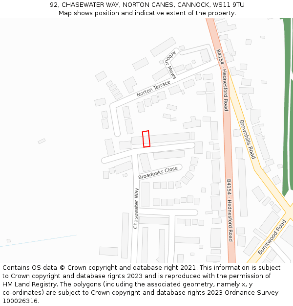 92, CHASEWATER WAY, NORTON CANES, CANNOCK, WS11 9TU: Location map and indicative extent of plot