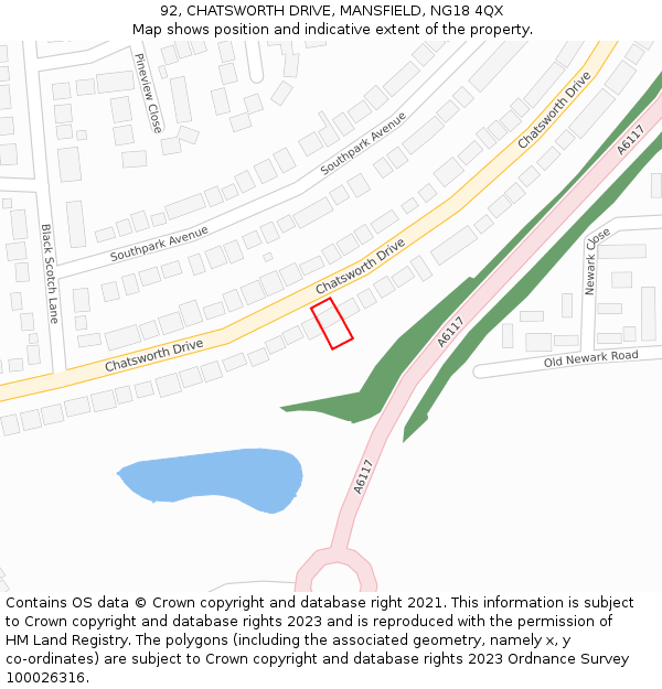 92, CHATSWORTH DRIVE, MANSFIELD, NG18 4QX: Location map and indicative extent of plot