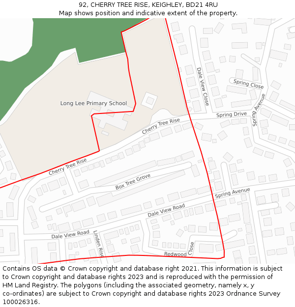 92, CHERRY TREE RISE, KEIGHLEY, BD21 4RU: Location map and indicative extent of plot