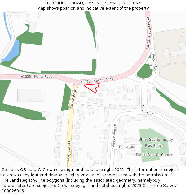 92, CHURCH ROAD, HAYLING ISLAND, PO11 0NX: Location map and indicative extent of plot