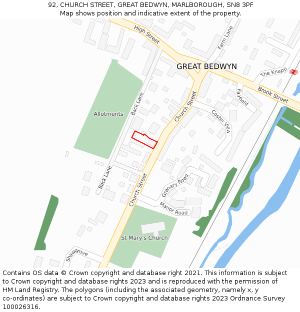 92, CHURCH STREET, GREAT BEDWYN, MARLBOROUGH, SN8 3PF: Location map and indicative extent of plot