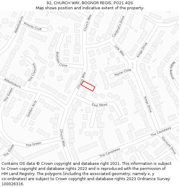 92, CHURCH WAY, BOGNOR REGIS, PO21 4QS: Location map and indicative extent of plot