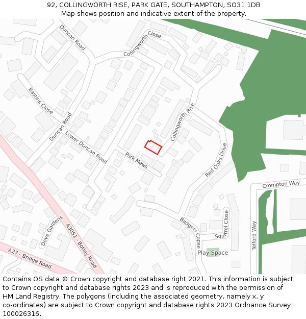92, COLLINGWORTH RISE, PARK GATE, SOUTHAMPTON, SO31 1DB: Location map and indicative extent of plot