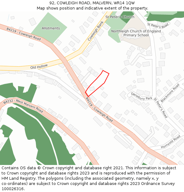 92, COWLEIGH ROAD, MALVERN, WR14 1QW: Location map and indicative extent of plot