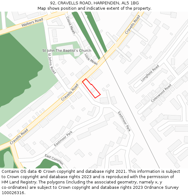 92, CRAVELLS ROAD, HARPENDEN, AL5 1BG: Location map and indicative extent of plot