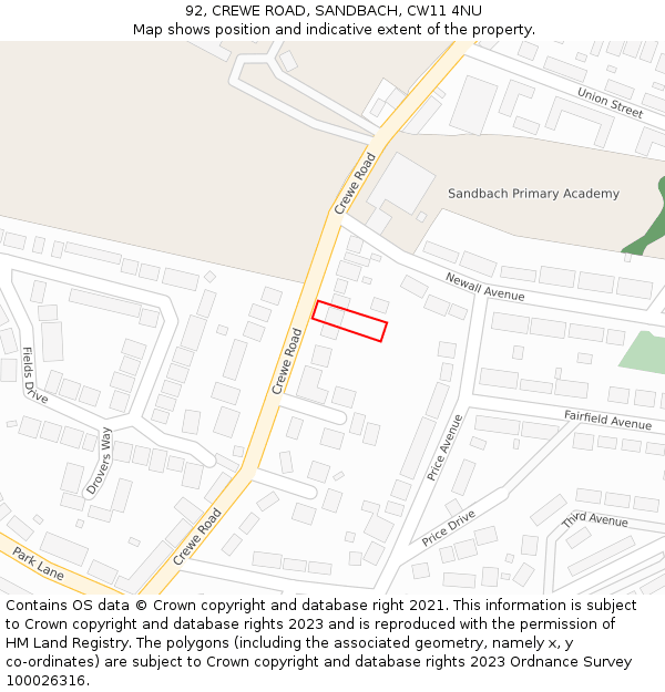 92, CREWE ROAD, SANDBACH, CW11 4NU: Location map and indicative extent of plot