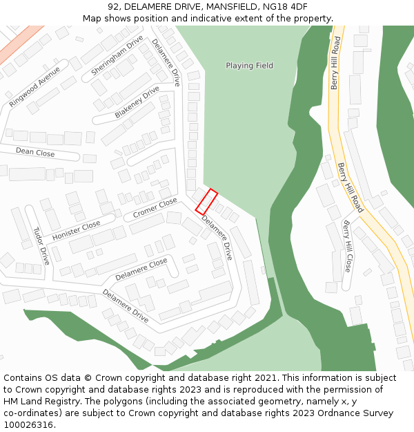 92, DELAMERE DRIVE, MANSFIELD, NG18 4DF: Location map and indicative extent of plot
