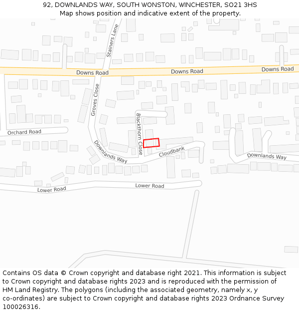 92, DOWNLANDS WAY, SOUTH WONSTON, WINCHESTER, SO21 3HS: Location map and indicative extent of plot