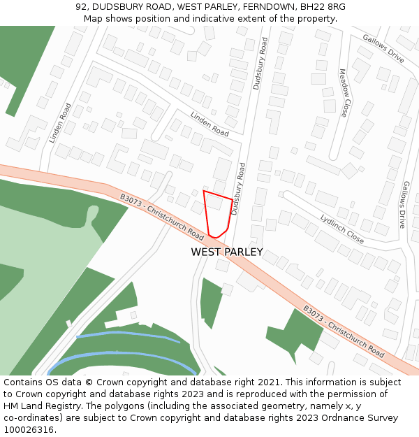 92, DUDSBURY ROAD, WEST PARLEY, FERNDOWN, BH22 8RG: Location map and indicative extent of plot