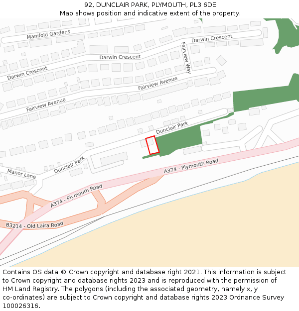 92, DUNCLAIR PARK, PLYMOUTH, PL3 6DE: Location map and indicative extent of plot