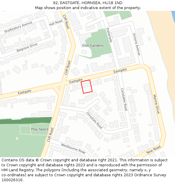 92, EASTGATE, HORNSEA, HU18 1ND: Location map and indicative extent of plot