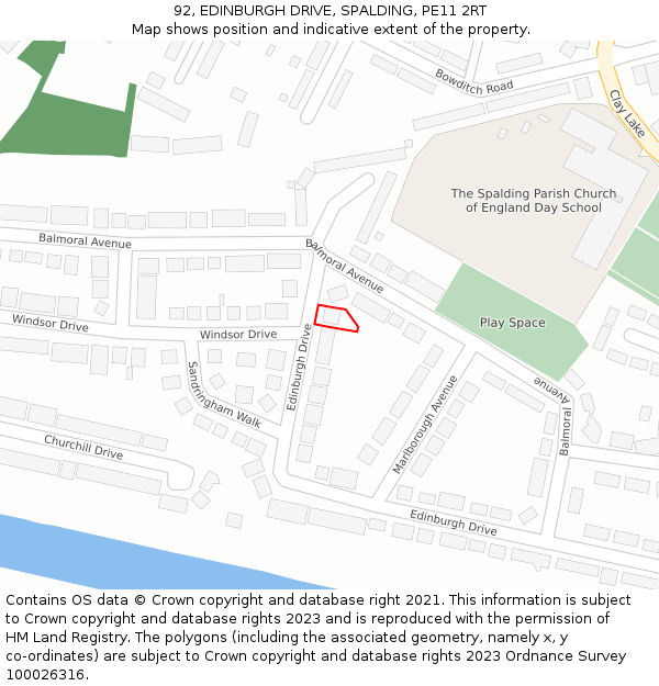 92, EDINBURGH DRIVE, SPALDING, PE11 2RT: Location map and indicative extent of plot