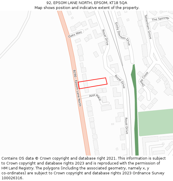 92, EPSOM LANE NORTH, EPSOM, KT18 5QA: Location map and indicative extent of plot