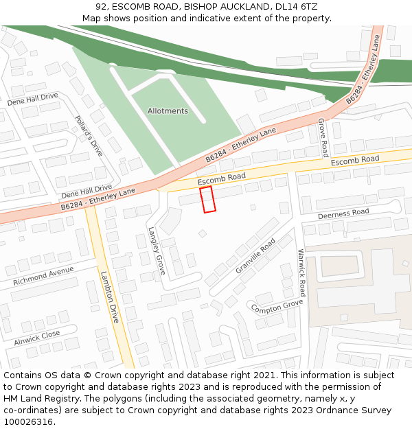 92, ESCOMB ROAD, BISHOP AUCKLAND, DL14 6TZ: Location map and indicative extent of plot