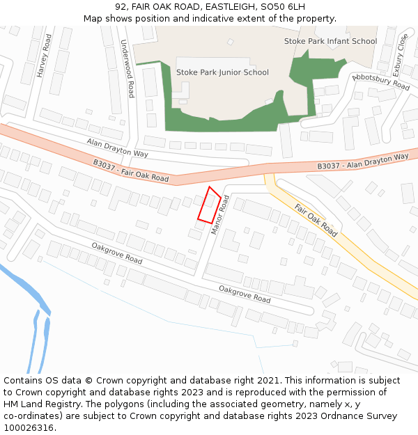 92, FAIR OAK ROAD, EASTLEIGH, SO50 6LH: Location map and indicative extent of plot