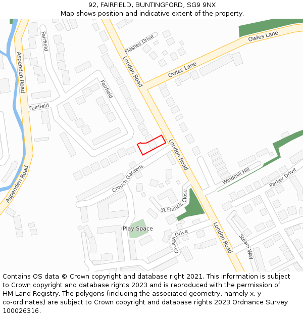 92, FAIRFIELD, BUNTINGFORD, SG9 9NX: Location map and indicative extent of plot