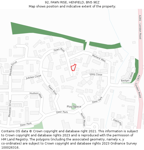 92, FAWN RISE, HENFIELD, BN5 9EZ: Location map and indicative extent of plot