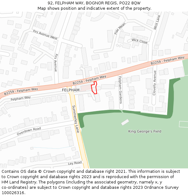 92, FELPHAM WAY, BOGNOR REGIS, PO22 8QW: Location map and indicative extent of plot