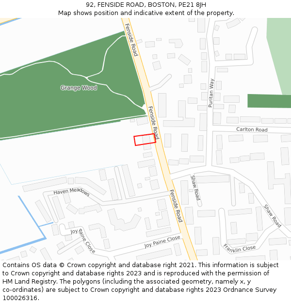 92, FENSIDE ROAD, BOSTON, PE21 8JH: Location map and indicative extent of plot