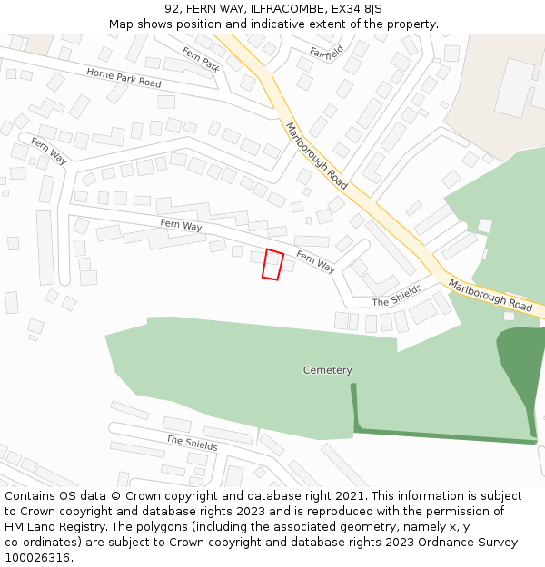 92, FERN WAY, ILFRACOMBE, EX34 8JS: Location map and indicative extent of plot