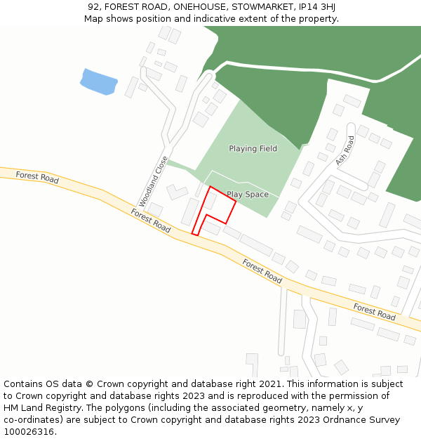 92, FOREST ROAD, ONEHOUSE, STOWMARKET, IP14 3HJ: Location map and indicative extent of plot