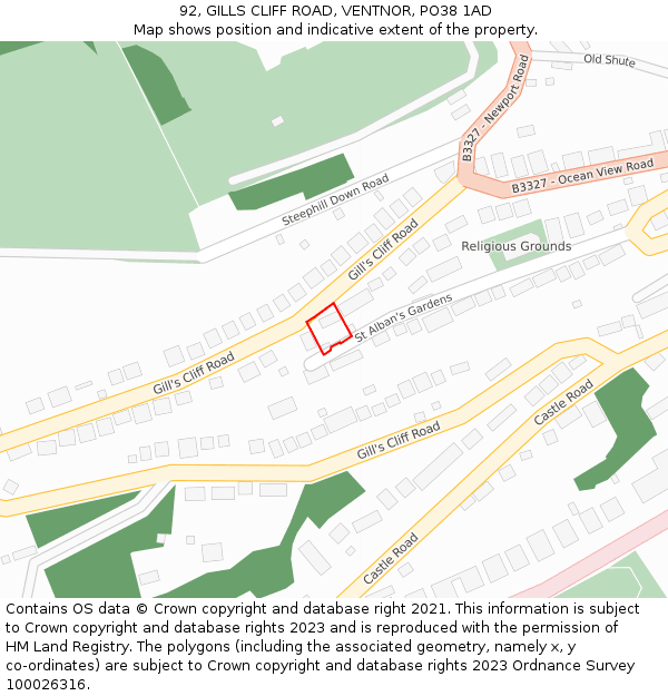 92, GILLS CLIFF ROAD, VENTNOR, PO38 1AD: Location map and indicative extent of plot