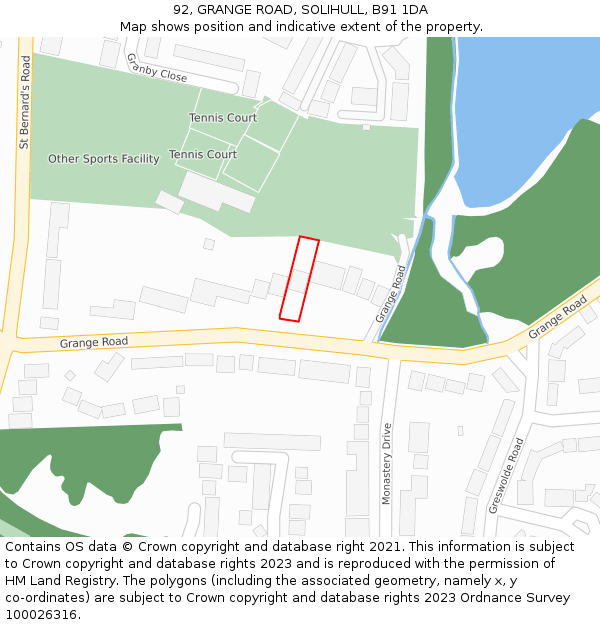 92, GRANGE ROAD, SOLIHULL, B91 1DA: Location map and indicative extent of plot