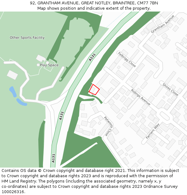 92, GRANTHAM AVENUE, GREAT NOTLEY, BRAINTREE, CM77 7BN: Location map and indicative extent of plot