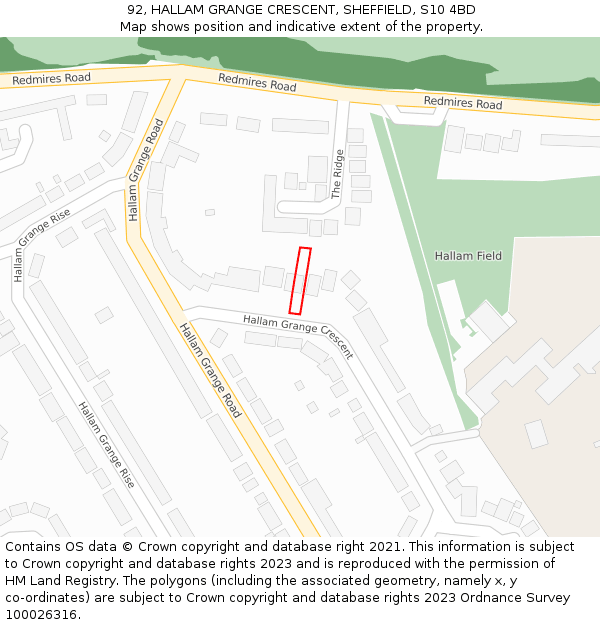 92, HALLAM GRANGE CRESCENT, SHEFFIELD, S10 4BD: Location map and indicative extent of plot