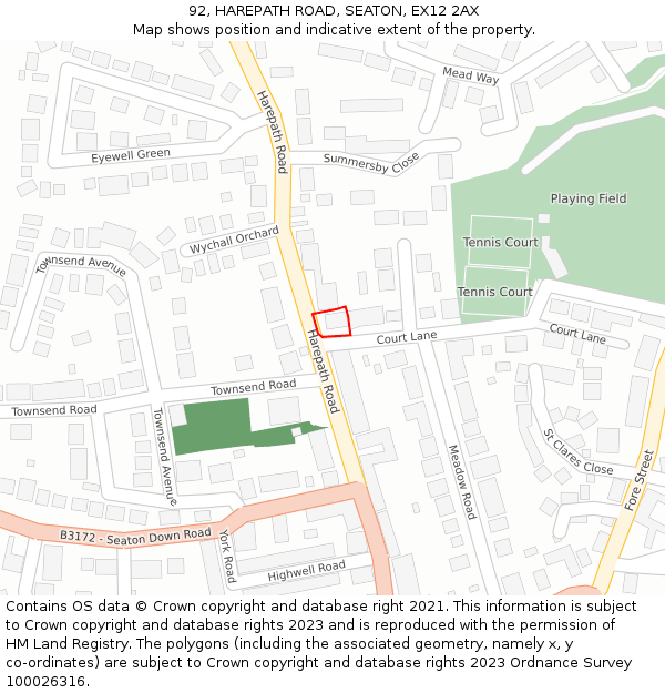 92, HAREPATH ROAD, SEATON, EX12 2AX: Location map and indicative extent of plot