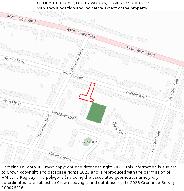 92, HEATHER ROAD, BINLEY WOODS, COVENTRY, CV3 2DB: Location map and indicative extent of plot