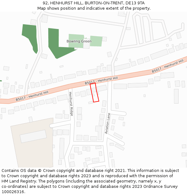 92, HENHURST HILL, BURTON-ON-TRENT, DE13 9TA: Location map and indicative extent of plot