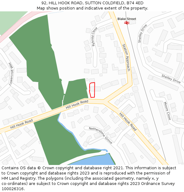92, HILL HOOK ROAD, SUTTON COLDFIELD, B74 4ED: Location map and indicative extent of plot