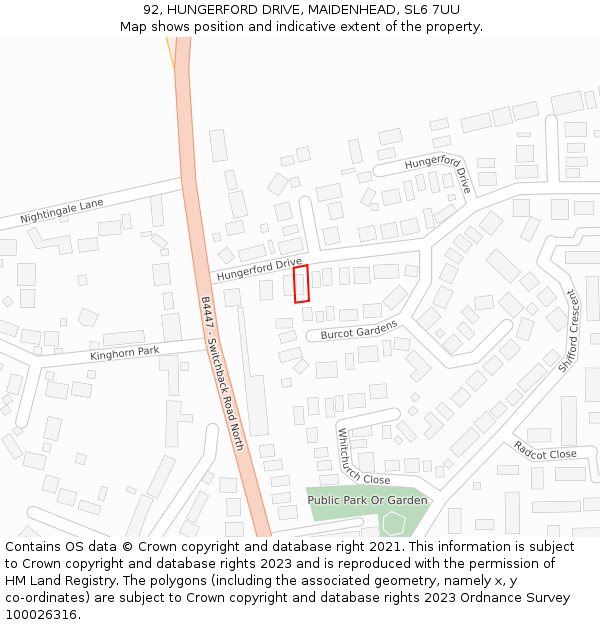 92, HUNGERFORD DRIVE, MAIDENHEAD, SL6 7UU: Location map and indicative extent of plot