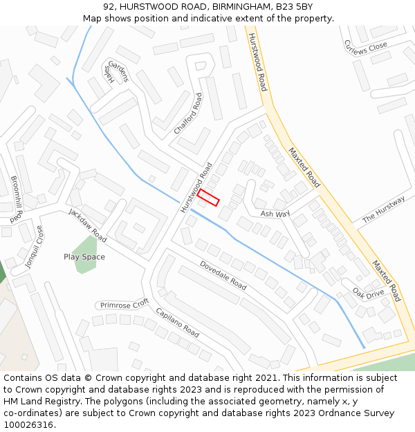 92, HURSTWOOD ROAD, BIRMINGHAM, B23 5BY: Location map and indicative extent of plot