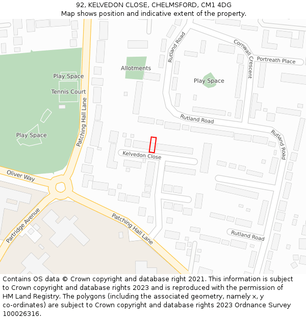 92, KELVEDON CLOSE, CHELMSFORD, CM1 4DG: Location map and indicative extent of plot