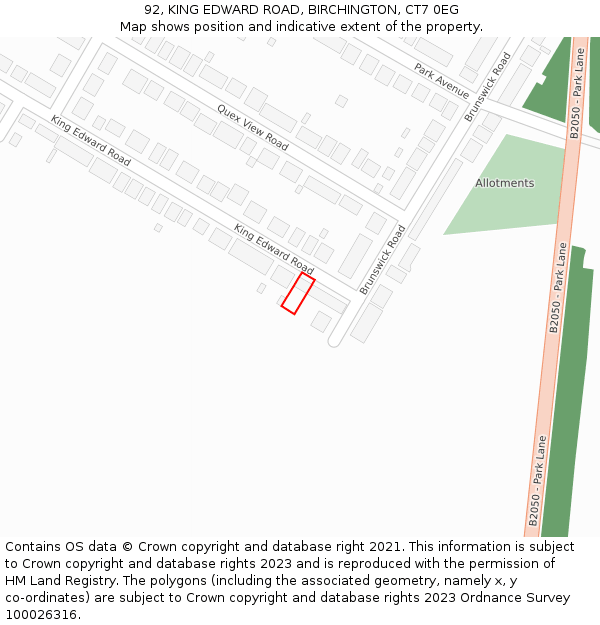 92, KING EDWARD ROAD, BIRCHINGTON, CT7 0EG: Location map and indicative extent of plot