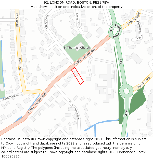 92, LONDON ROAD, BOSTON, PE21 7EW: Location map and indicative extent of plot