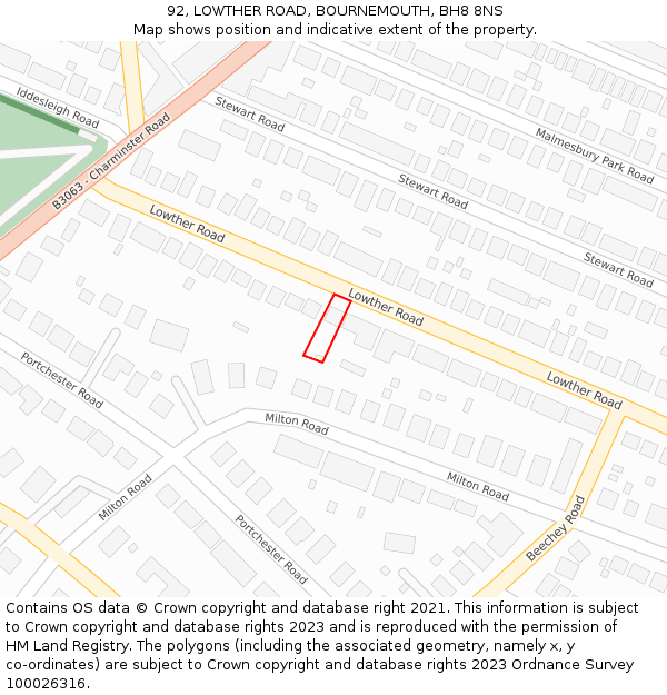 92, LOWTHER ROAD, BOURNEMOUTH, BH8 8NS: Location map and indicative extent of plot
