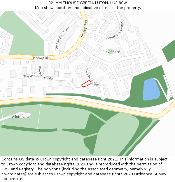 92, MALTHOUSE GREEN, LUTON, LU2 8SW: Location map and indicative extent of plot