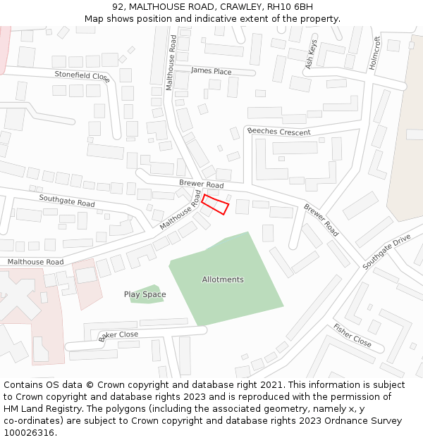 92, MALTHOUSE ROAD, CRAWLEY, RH10 6BH: Location map and indicative extent of plot