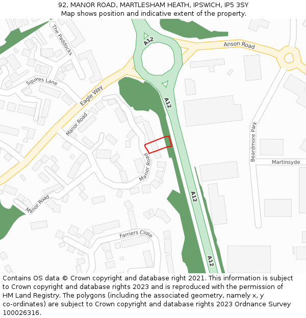 92, MANOR ROAD, MARTLESHAM HEATH, IPSWICH, IP5 3SY: Location map and indicative extent of plot