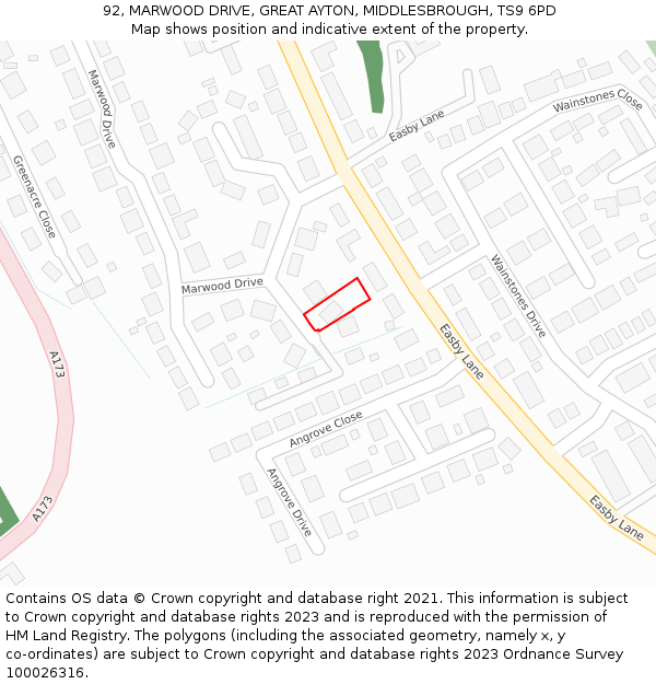 92, MARWOOD DRIVE, GREAT AYTON, MIDDLESBROUGH, TS9 6PD: Location map and indicative extent of plot