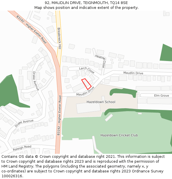 92, MAUDLIN DRIVE, TEIGNMOUTH, TQ14 8SE: Location map and indicative extent of plot