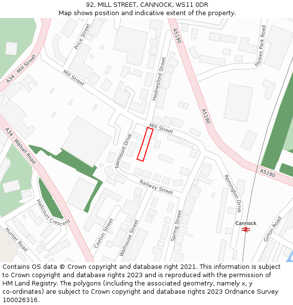 92, MILL STREET, CANNOCK, WS11 0DR: Location map and indicative extent of plot