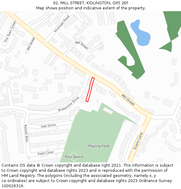 92, MILL STREET, KIDLINGTON, OX5 2EF: Location map and indicative extent of plot