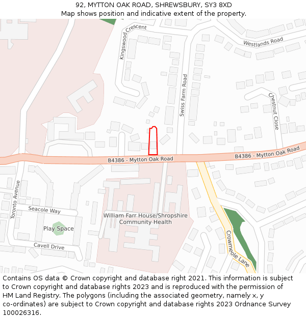 92, MYTTON OAK ROAD, SHREWSBURY, SY3 8XD: Location map and indicative extent of plot
