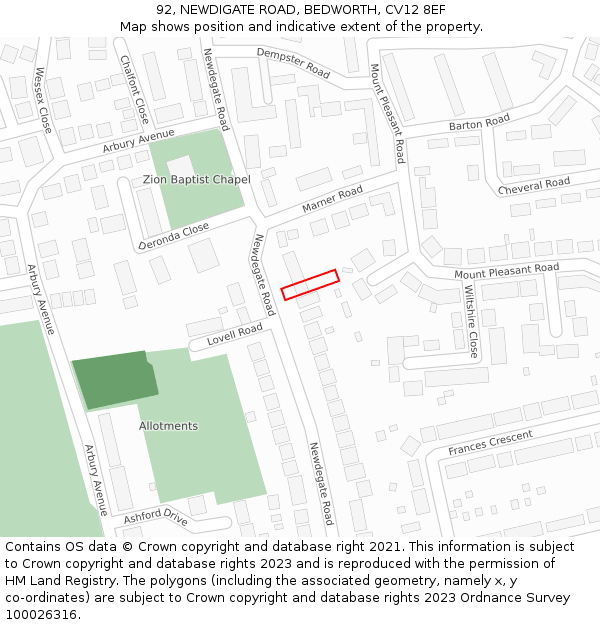 92, NEWDIGATE ROAD, BEDWORTH, CV12 8EF: Location map and indicative extent of plot